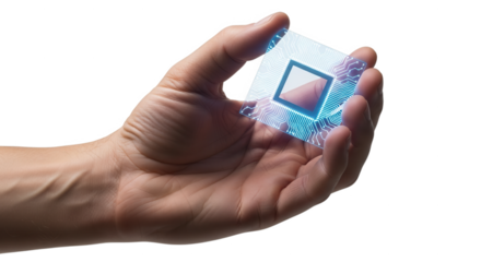 Hand holding futuristic microchip technology concept for ai and quantum computing innovation era on transparent background