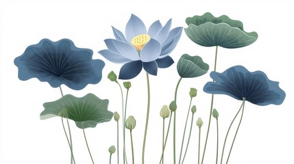 Naklejka premium 青い蓮の花と葉の装飾的なイラストレーションが白い背景に繊細に描かれています
