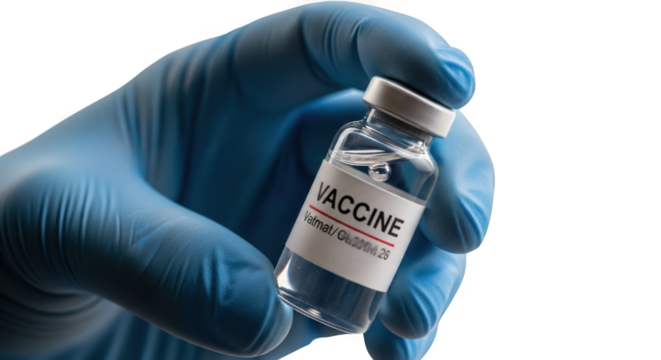 Vaccine vial held by gloved hand for medical treatment and immunization against infectious disease virus on transparent background
