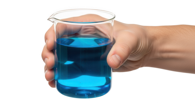 Blue liquid in beaker held by hand science experiment chemistry lab research analysis scientific study tool on transparent background
