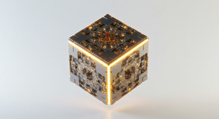 Futuristic 3D rendered cube with intricate fractal patterns and glowing orange light, representing advanced technology, complex algorithms, and digital innovation in an abstract geometric design