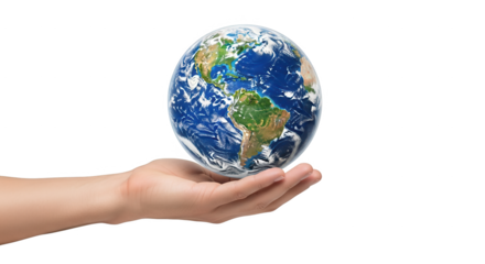 Earth day concept globe in hand save earth climate change environment protection sustainability future 100 on transparent background