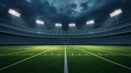 Obraz premium An empty American football stadium at night is illuminated by powerful bright floodlights casting long dramatic shadows.