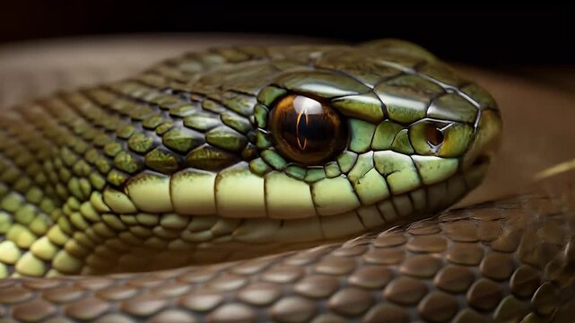Close-up of a green and brown snake, coiled with its head resting on its body, focusing on its eye and scale details.