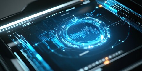 Futuristic interface displaying complex data visualizations and digital information on a sleek screen device