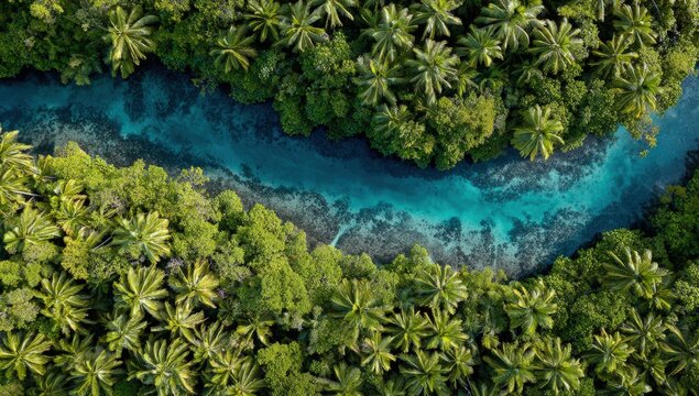Lush tropical river winding through dense forest canopy (1)