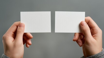 Fototapeta premium ultra puality image Two blank white cards held by hands against a gray background.