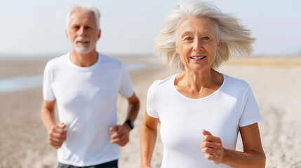 Elderly caucasian couple jogging on beach in white athletic wear