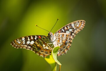 Obraz premium Colorful butterfly resting on leaf and flower in garden nature scene