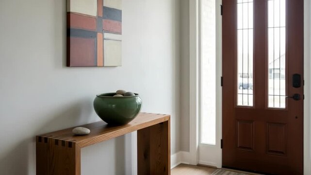 Interior design featuring entryway table and decor. Entryway table is styled with green bowl and abstract art. Interior design elements are used to create appealing home entryway table presentation,