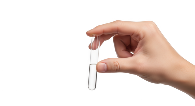Stock photo of hand holding test tube for medical research science lab experiment sample analysis and testing on transparent background