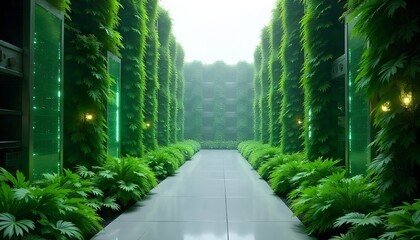 Futuristic Eco-Friendly Data Center with Vertical Gardens and Solar Panels, Green Technology Concept