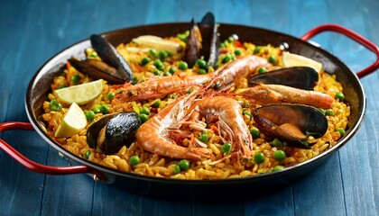 paella with seafood rice shrimp mussels squid peas saffron in a large frying pan high quality photo