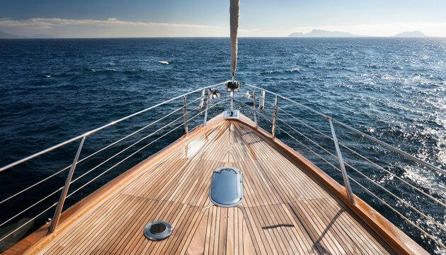 luxury yacht deck detail teak wood stainless steel accents ocean view