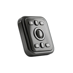 Gray rectangular, angled computer tablet with several buttons and a central dial