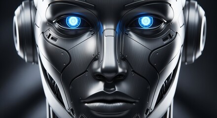 Digital Sentinel: The robotic visage, crafted in glistening metallic hues, gazes with piercing, illuminated blue eyes into the viewer's soul, evoking a futuristic aura.