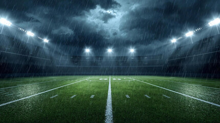 An empty American football stadium at night is illuminated by powerful bright floodlights casting long dramatic shadows.