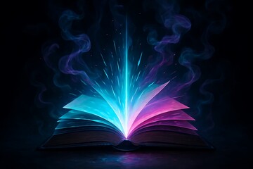 Magical open book emitting vibrant blue and pink light and smoke
