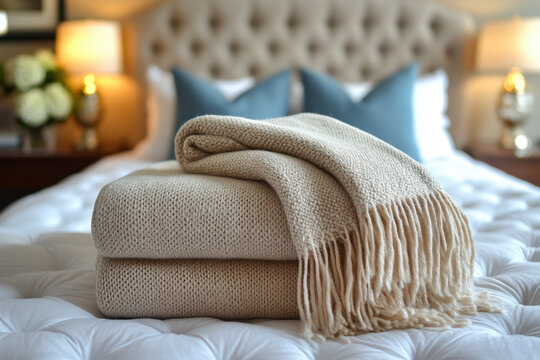 Bed with tousled blanket and pillows.
