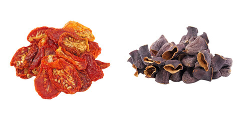Duo of dried eggplant and dried tomato, arranged including rustic hanging string props.