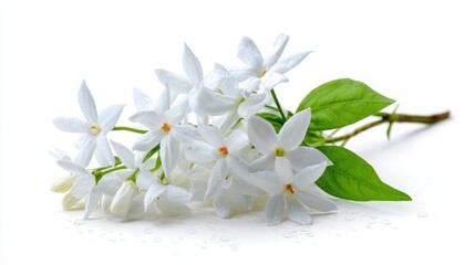 A bunch of small white jasmine flowers with star-shaped petals, isolated on a white background.
