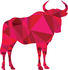 Obraz premium A polygonal wildebeest stands in profile, showcasing vibrant red and pink geometric patterns