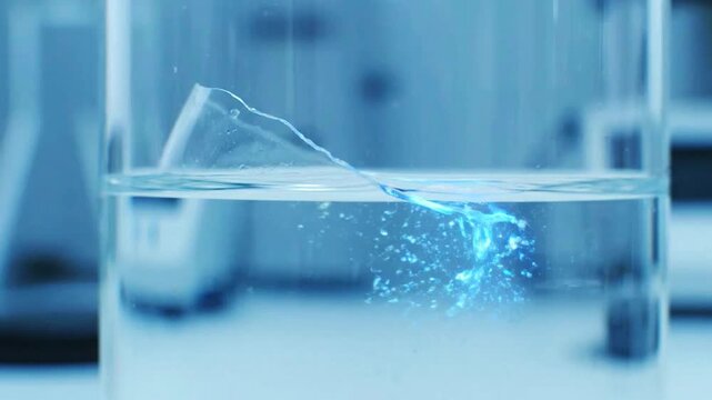 A piece of translucent flexible film is immersed in a liquid dissolving and creating a glowing light-emitting reaction