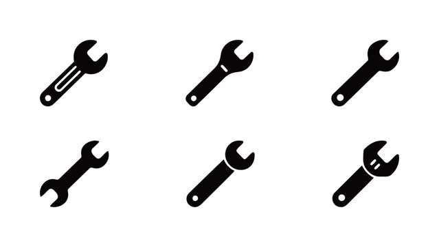 Wrench vector icons set. A collection of various wrench and spanner silhouettes, perfect for tool, repair, and engineering themes.