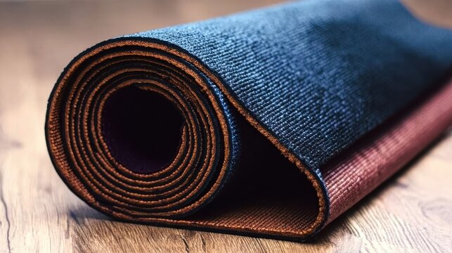 Yoga mat with fitness equipment on wood, perfect for workout tutorials or wellness blogs