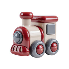 A stylized, 3D rendered toy train.  It's a simple, child-friendly design, in shades of cream and burgundy red.  Features rounded, smooth surfaces and a cartoonish look