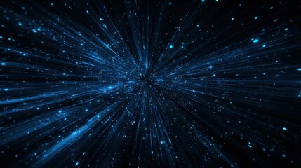 Blue neon light rays explode on dark night background. 