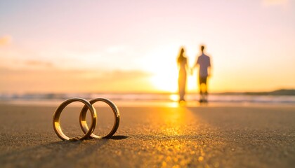 Golden rings on beach at sunset, couple walking