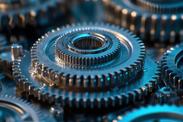 Close-up of interlocking gears in motion.