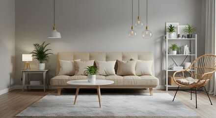 Cozy Modern Living Room Interior with Neutral Tones and Natural Elements