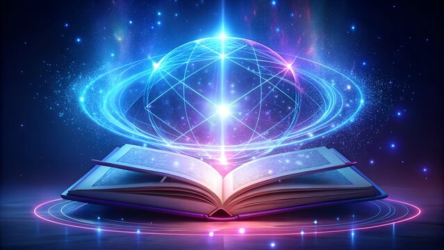 Open book with glowing digital sphere and cosmic rings. - Powered by Adobe