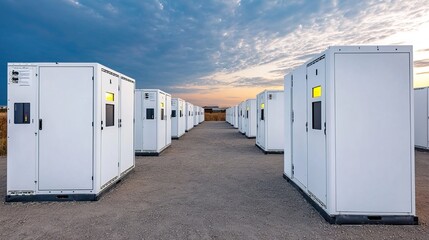 Modular energy storage units battery cell, glowing indicator, secure casing, power connection.