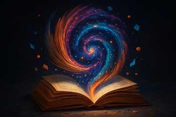 Magical open book releasing a swirling galaxy of cosmic energy and light
