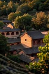 夕暮れの中国の村の屋根の家々と緑の木々の美しい景色