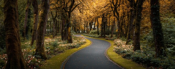 Naklejka premium Winding path through autumnal trees