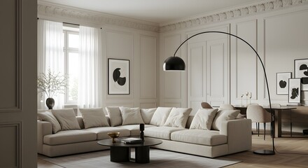 Elegant Modern Living Room Interior with Plush Sofa and Abstract Art