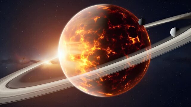 A vibrant, fiery ringed planet with a molten surface glows intensely in the dark expanse of space, orbited by small moons.