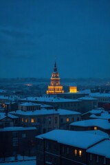 Obraz premium Snow Covered Rooftops with Illuminated Building in Dark Blue Night Sky with Stars
