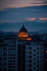 Obraz premium Illuminated Dome Structure at Dusk in Cityscape with Mountains Silhouette