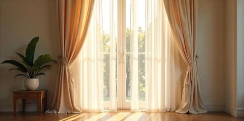 Sunlit Sheer Curtains Billowing Gently in a Bright Room, Creating Soft Diffused Light; Airy, Elegant Window Drapes for Sophisticated Living Spaces