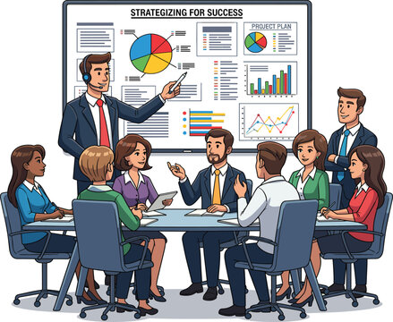 Corporate team presenting charts and graphs for strategic planning, project analysis, data visualization, professional meeting setup, strategizing for success