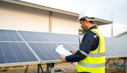 Worker inspects solar panels