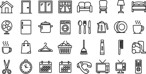 Household items icon set, black and white line style, home appliances, furniture symbols, cleaning tools, vector illustration pack