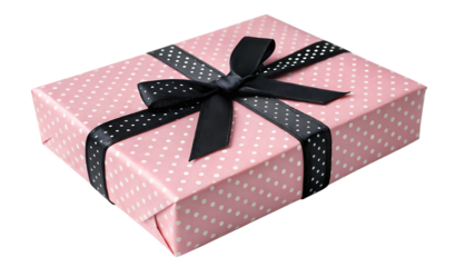 Pink polka dot gift box with black ribbon isolated on transparent background