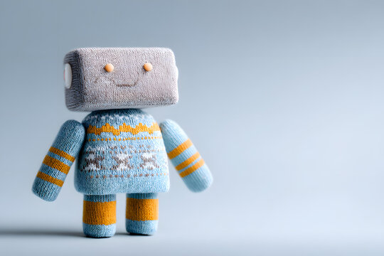 Minimal white robot with square body and friendly expression, isolated on soft background. Futuristic toy character design perfect for AI, children and technology themes.