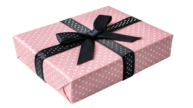 Pink polka dot gift box with black ribbon isolated on transparent background - Powered by Adobe